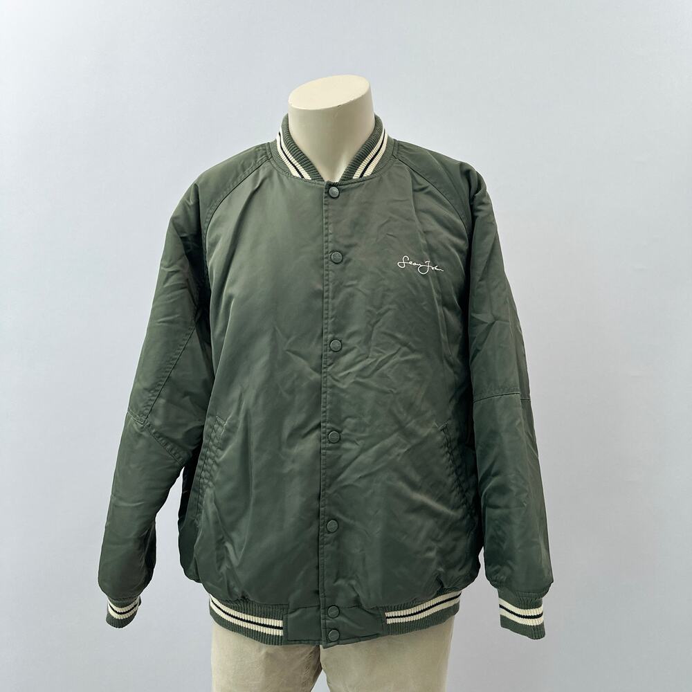 VTG Y2K Sean John Satin Snap Embroidered Patch Varsity Bomber jacket Green XL
